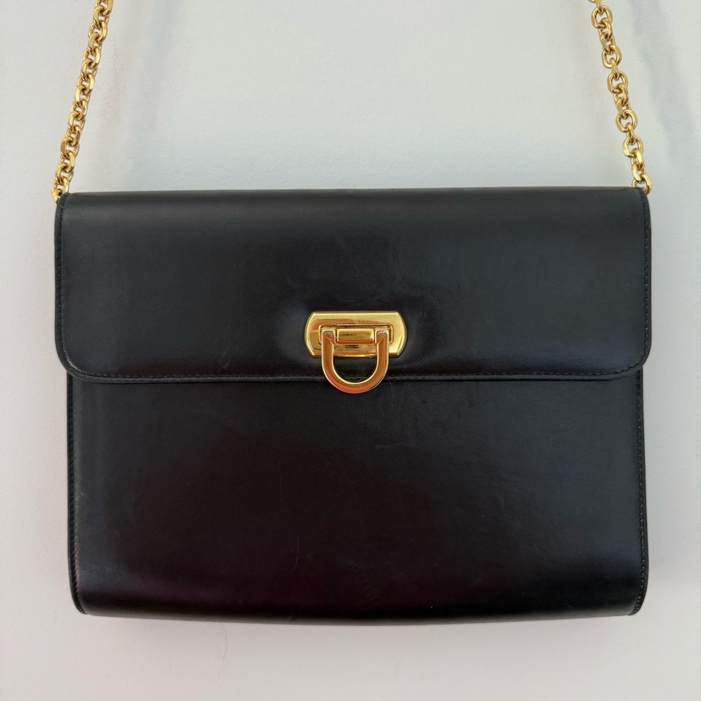 Vintage Holt Renfrew black leather large crossbody clutch bag with gold hardware